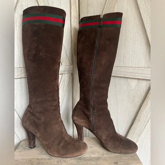 Gucci tall brown suede leather boots with classic web detail size 37 - Picture 4 of 15